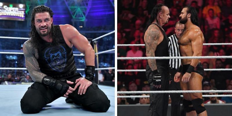 Roman Reigns (left); The Undertaker and Drew McIntyre (right)