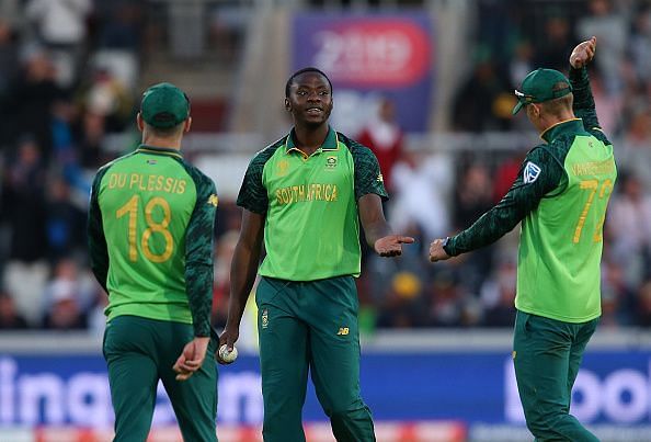 Kagiso Rabada (centre) claimed two wickets in the 49th over to help South Africa secure a win over Australia in their last league match of the World Cup