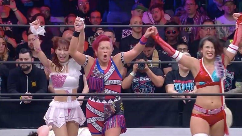 The two women -Abe on the left and Shida on the right - were on the winning side of a six woman tag team match at Double or Nothing