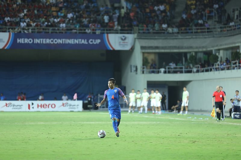 Jerry Lalrinzuala pushes forward to help India against DPR Korea in the Intercontinental Cup