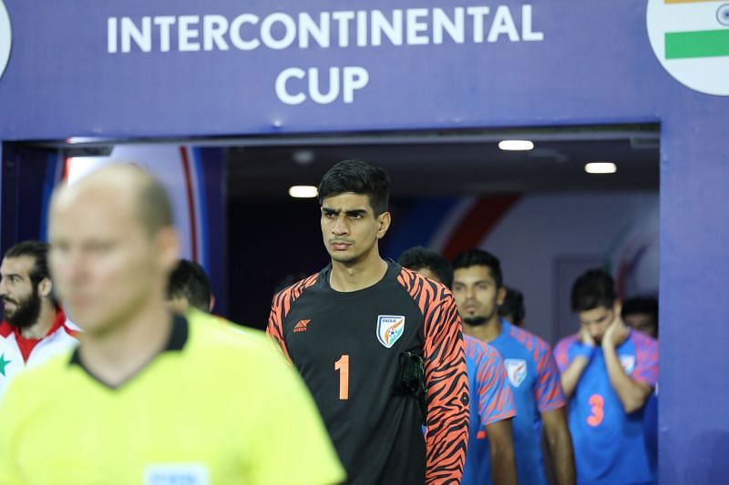 Gurpreet Singh Sandhu comes out on the pitch with his teammates for India&#039;s match against Syria in the Intercontinental Cup