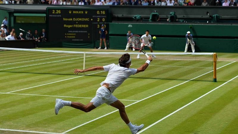 File photo of Roger Federer playing a shot in Wimbledon