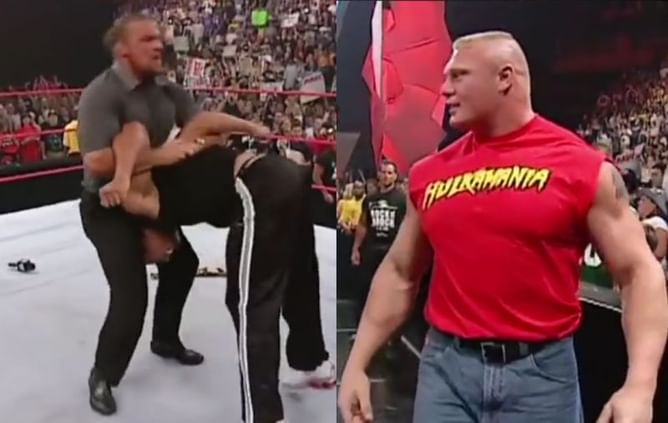 WWE history: Brock Lesnar helps Triple H put down The Rock
