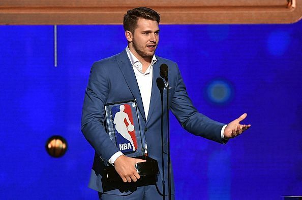 Doncic at the 2019 NBA Awards, with his Rookie of the Year accolade last month