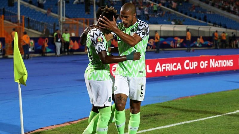 The Nigeria Super Eagles celebrate their first goal against the Bafana Bafana of South Africa