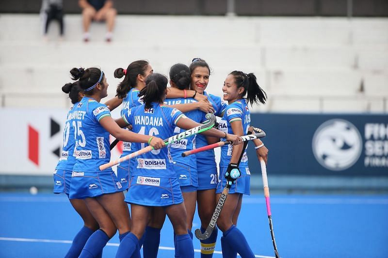 Indian Women&#039;s Hockey team celebrate scoring a goal in FIH Women&#039;s Series Finals Hiroshima 2019