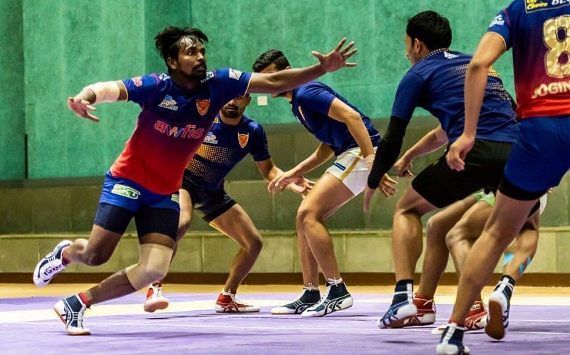 Chandran Ranjit of Dabang Delhi in action during a practice session