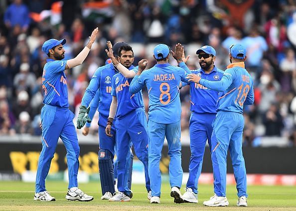 Indian players celebrate a wicket during the World Cup.