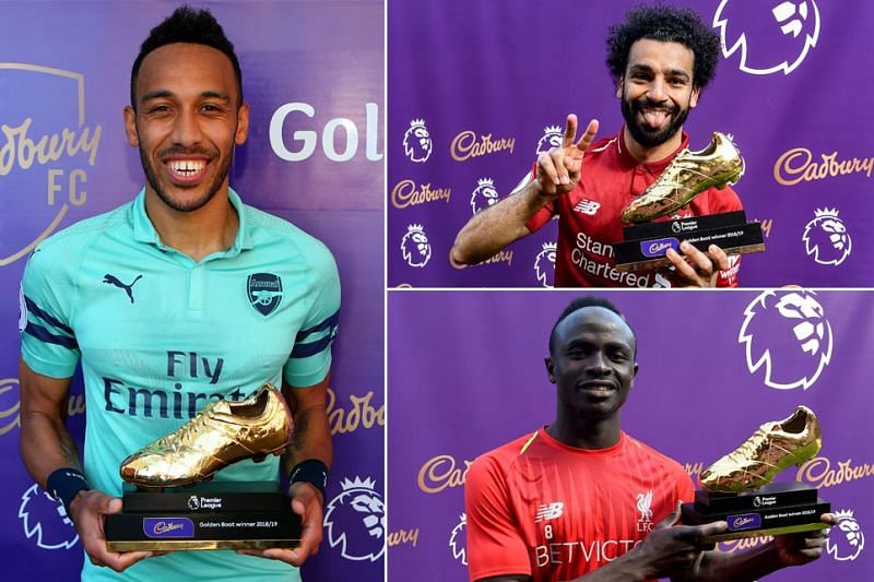 Salah, Mane, and Aubameyang with the Golden Boot award