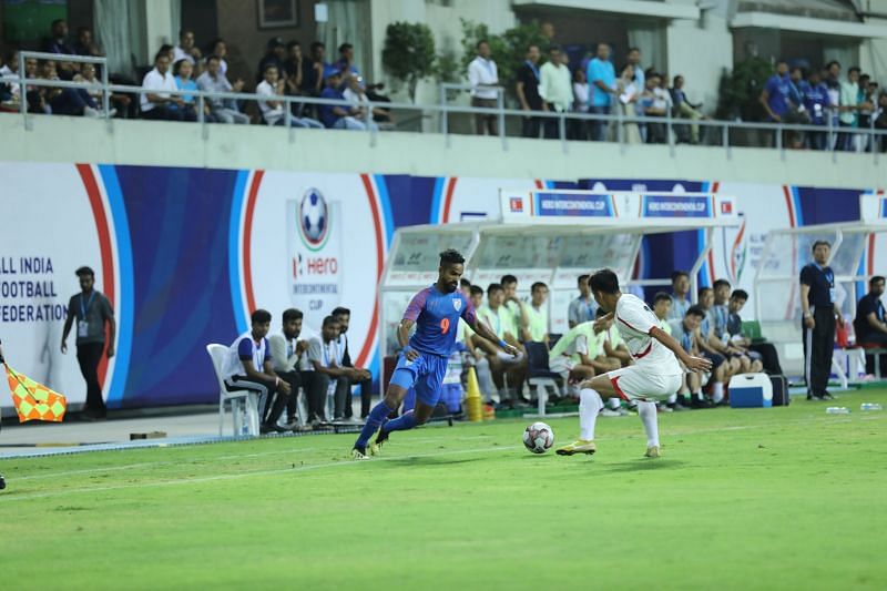 Jobby Justin in action for India against DPR Korea in Intercontinental Cup