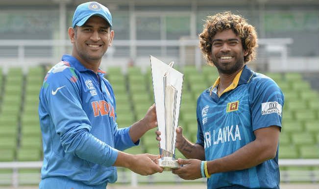 Former Indian skipper MS Dhoni and Sri Lankan skipper Lasith Malinga with the trophy