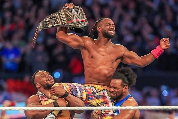 Kofi Kingston celebrates his WrestleMania 35 WWE Championship victory with The New Day