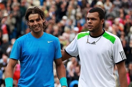 Rafael Nadal(L) and Jo-Wilfried Tsonga