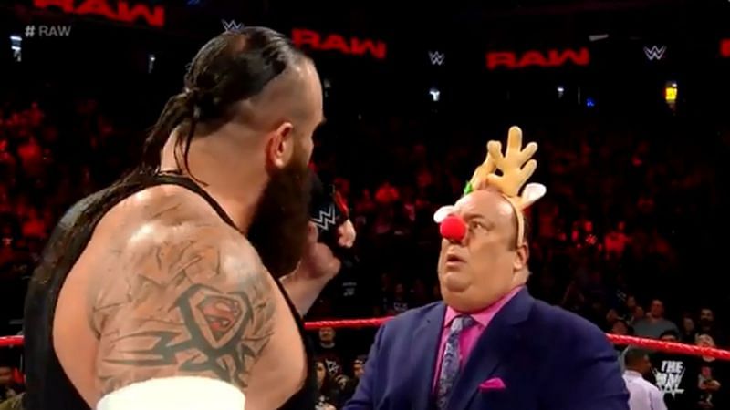 Paul Heyman and Braun Strowman during a (very festive) Raw segment