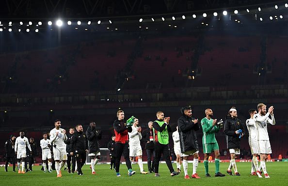 Ostersunds players applaud their fans after their Europa League campaign came to an end in north London