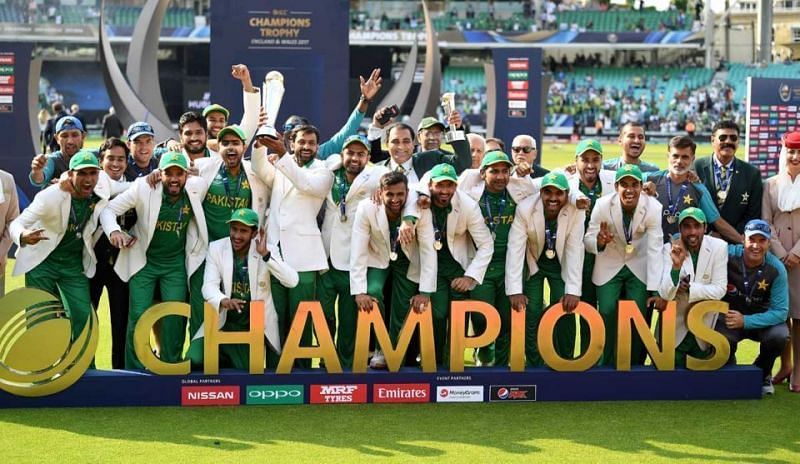 Pakistan team celebrating their 2017 ICC Champions Trophy triumph