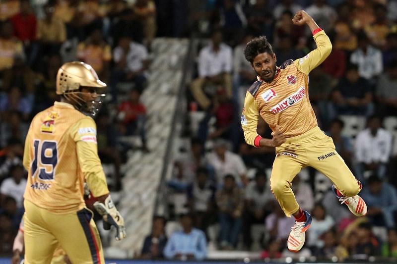 Chepauk Super Gillies&#039; R Alexandar celebrates the fall of a wicket