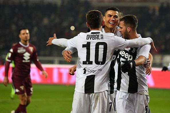 Cristiano Ronaldo celebrates after scoring Juventus&#039; 5000th Serie A goal in a 0-1 win at Torino