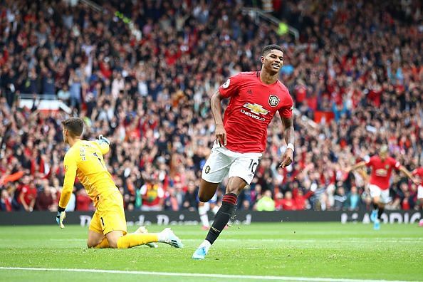 Rashford celebrating one of his two strikes during a memorable 4-0 win over Chelsea on Sunday