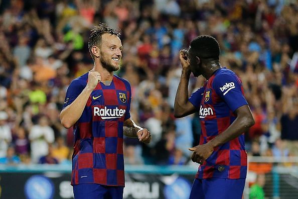 Rakitic celebrates after scoring against Napoli in Barcelona&#039;s pre-season tour of the USA