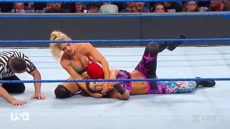 Bayley was forced to call the spots loudly for Lacey Evans