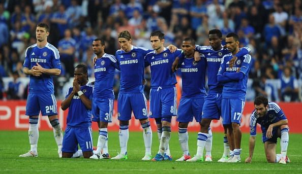 Chelsea players during the 2012 Champions League penalty-shootout against Bayern Munich