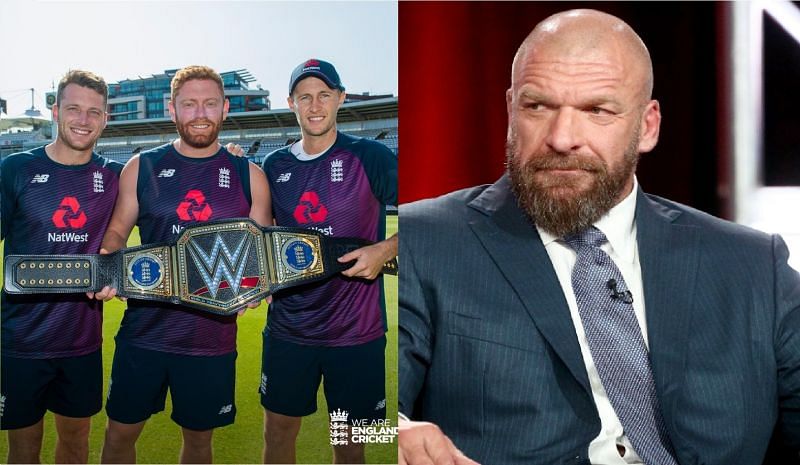 England Cricket stars posing with the WWE belt that Triple H gifted them