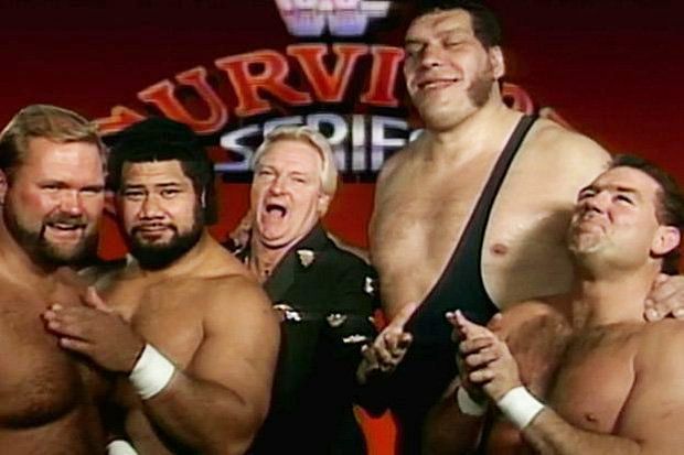 Members of the Heenan Family: Andre the Giant, Arn Anderson, King Haku, and Tully Blanchard.