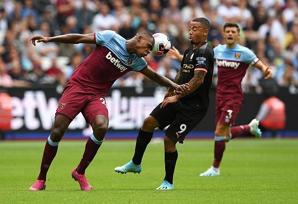 Jesus battles with Issa Diop for possession during a match where his all-round display shone through