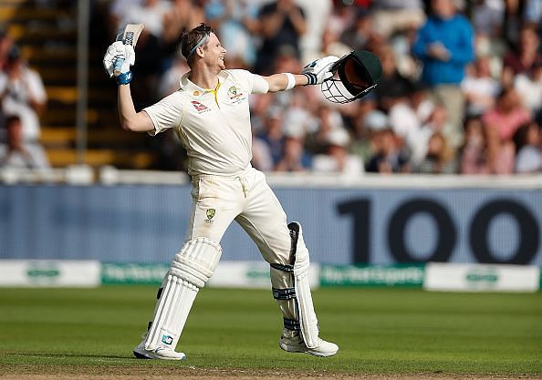 Steve Smith celebrates his hundred against England