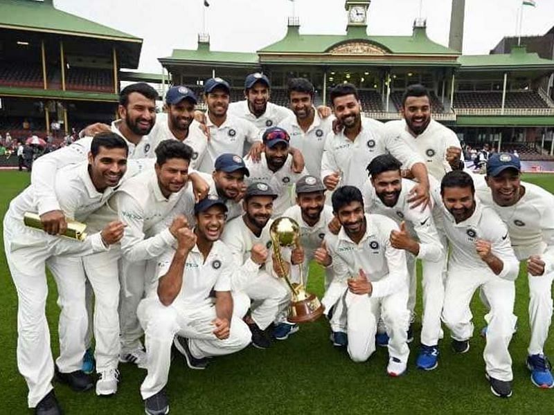 Team India pose with the Border-Gavaskar Trophy after their historic win Down Under