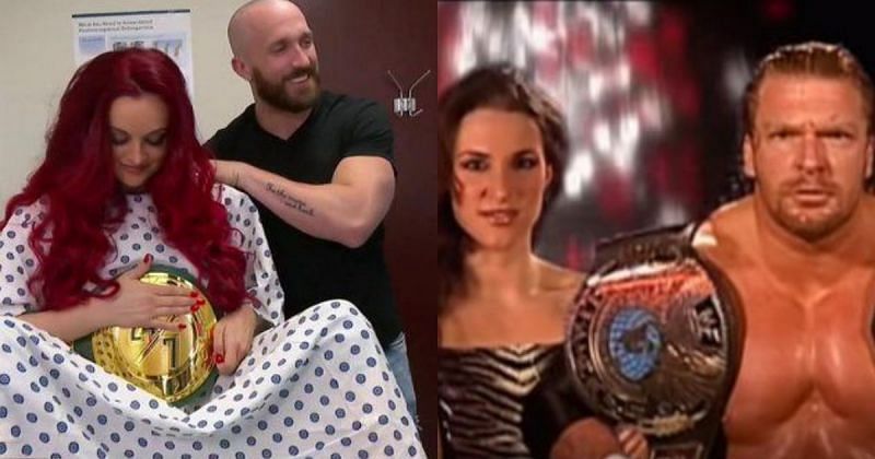 Maria Kanellis recently lost her title to her husband Mike, whilst the Game faced his own wife Stephanie McMahon in 2002.