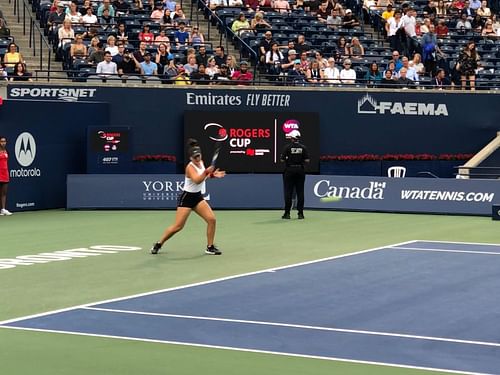 Bianca Andreescu in action at the Rogers Cup on Tuesday (Original picture taken by the writer)