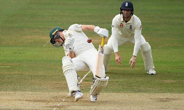 Marnus Labuschagne struck flush on the grill by a menacing short delivery by Jofra Archer.