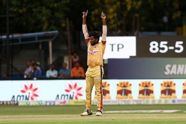 Periyasamy G of Chepauk Super Gillies took two wickets in his spell of four overs against the Tuti Patriots in the Sankar Cement TNPL 2019 at the ICL- Sankar Nagar Ground, Tirunelveli