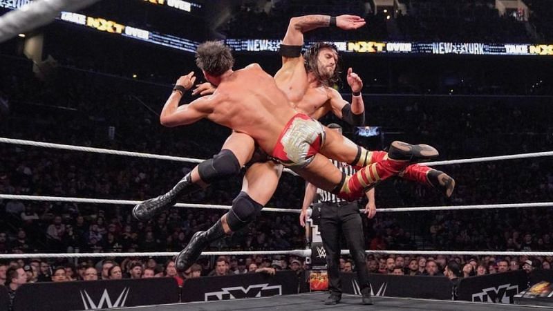 NXT stars Adam Cole and Johnny Gargano collide in mid-air during dual cross body attempts.