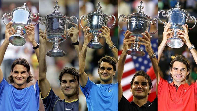 Federer&#039; 5 US Open titles (from left: 2004, 2005, 2006, 2007, 2008)