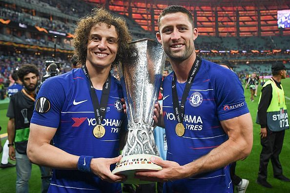 David Luiz and Gary Cahill with the UEFA Europa League trophy