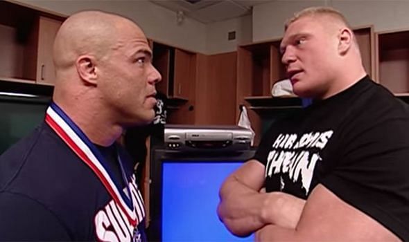 Kurt Angle being confronted by Brock Lesnar backstage in WWE