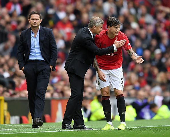Ole Gunnar Solskjaer giving Victor Lindelof instructions during their win over Chelsea last weekend