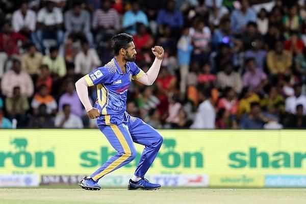 Rahil S Shah (4-0-48-2) of Siechem Madurai Panthers celebrates the wicket of P Francis Rokins in the eliminator game