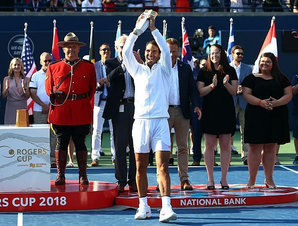 Nadal celebrates his 4th Rogers Cup title after beating Stefanos Tsitsipas in the 2018 final in Toronto