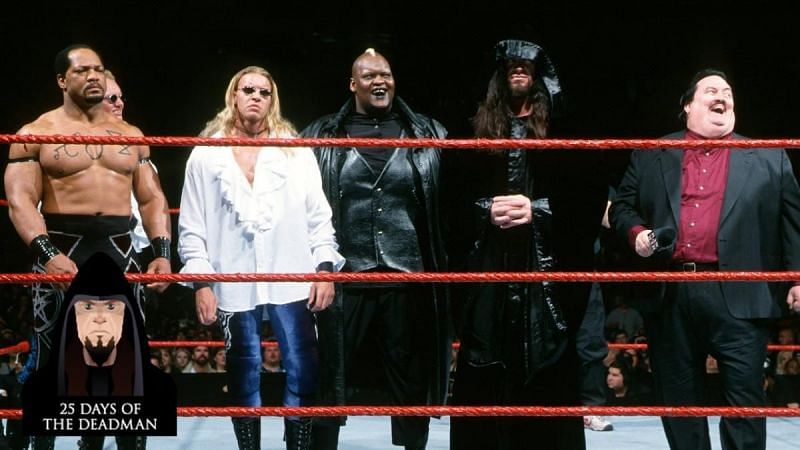 The Ministry of Darkness: Farooq, Gangrel, Christian, Viscera, Undertaker and Paul Bearer. Not pictured are Bradshaw, Edge, and Mideon.