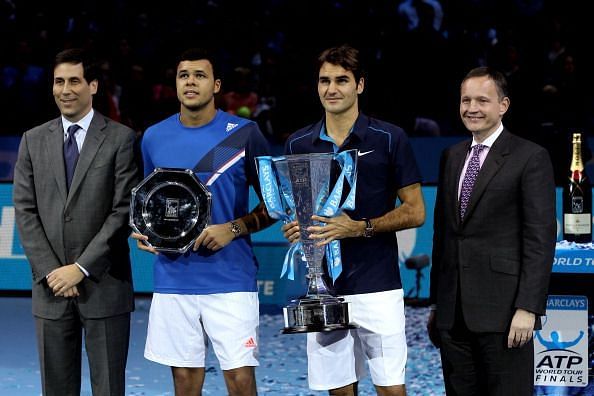 Federer celebrates his record 6th title at the season ending ATP finals in 2011