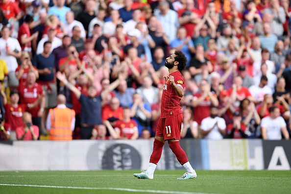 Mohamed Salah celebrates as he netted a well-taken brace during Liverpool&#039;s 3-1 win over Arsenal