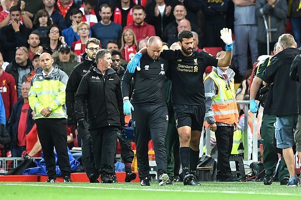 Alisson Becker walked off the Anfield pitch injured against Norwich