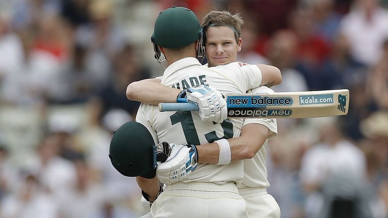 Steve Smith hugs Matthew Wade at Edgbaston