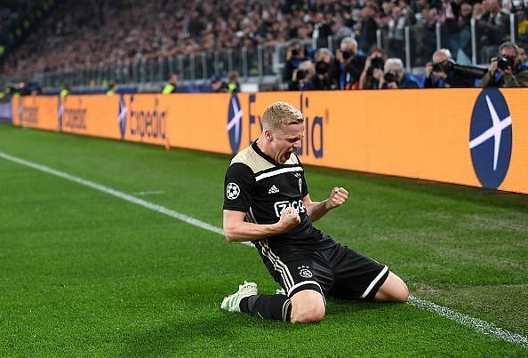 Van de Beek celebrates after scoring against Juventus in the UEFA Champions League Quarter Final: Second Leg