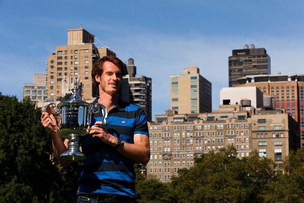 Andy Murray poses with his first Grand Slam trophy at 2012 US Open