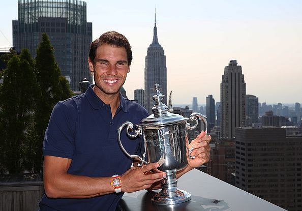2017 US Open Champion Rafael Nadal poses with his trophy